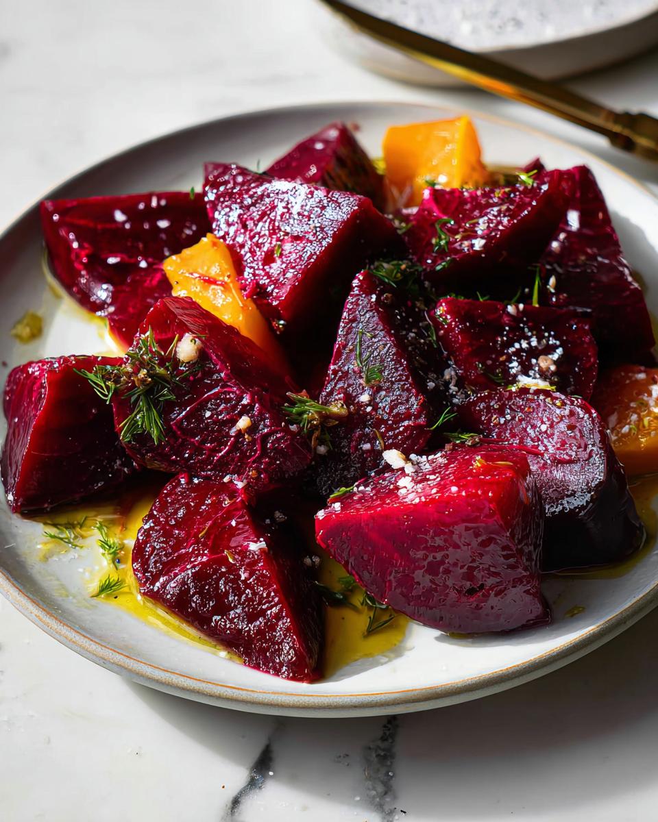 Close-up of roasted beet and orange veggie sides recipe, seasoned with herbs and drizzled with olive oil.