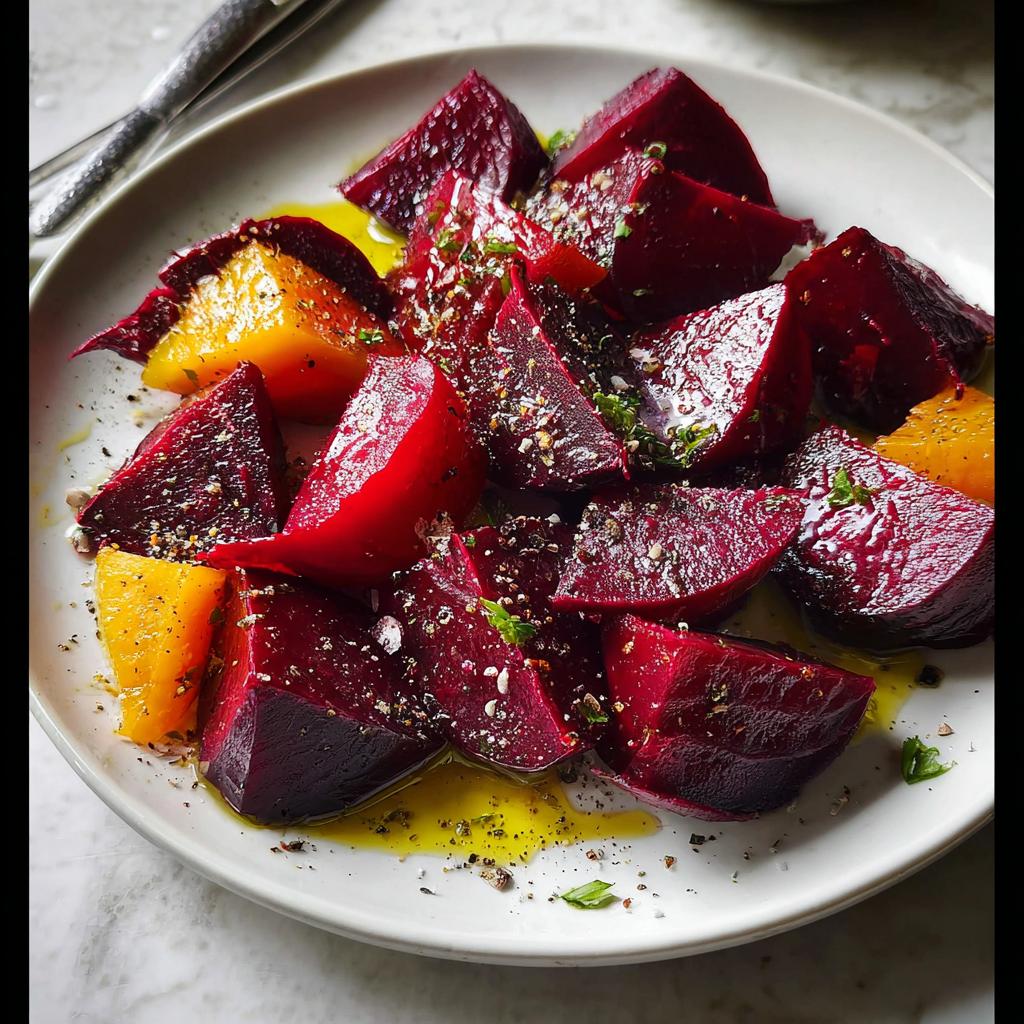 A vibrant plate of roasted beet and orange veggie sides, seasoned with herbs and pepper.