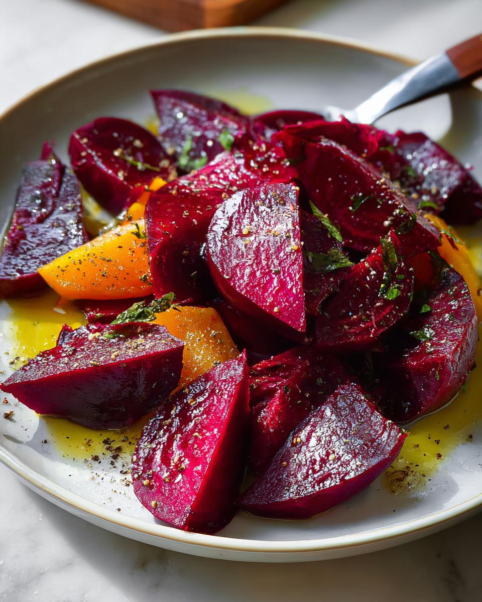 A close-up of a vibrant roasted beet salad with orange segments and fresh herbs, seasoned with pepper and olive oil.