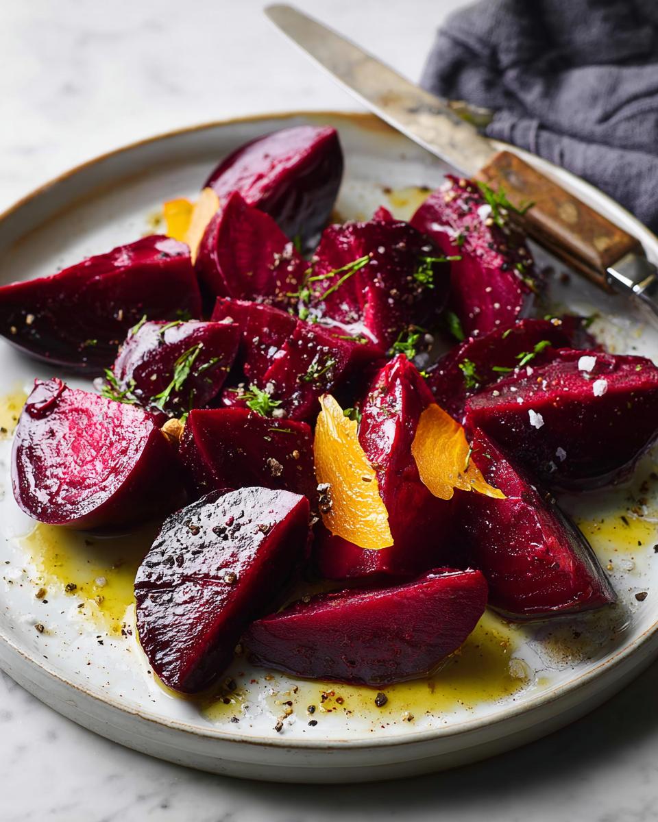 A vibrant plate of roasted beet wedges, seasoned with herbs, salt, pepper, and drizzled with olive oil, a perfect veggie side dish.