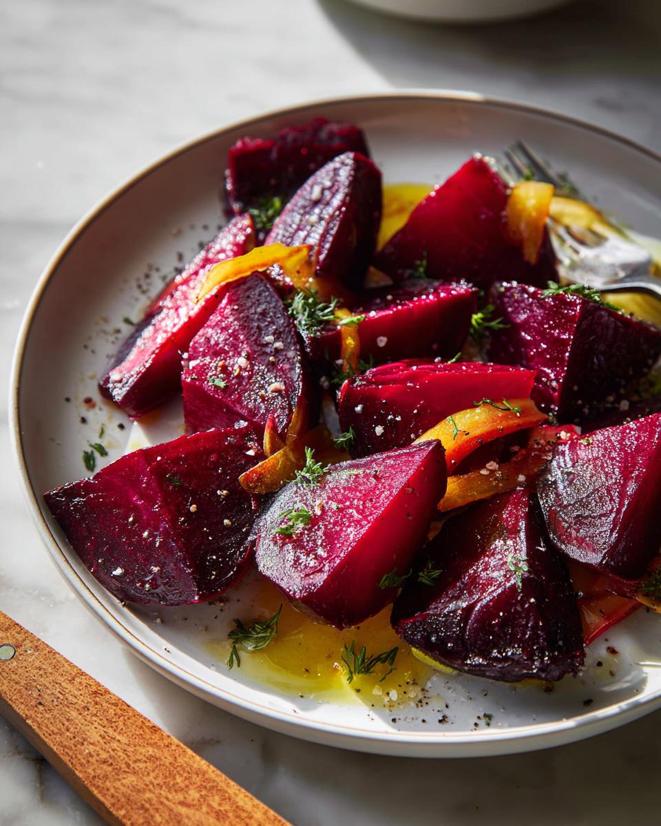 A close-up of roasted beet veggie sides recipe, seasoned with herbs and salt, on a white plate.
