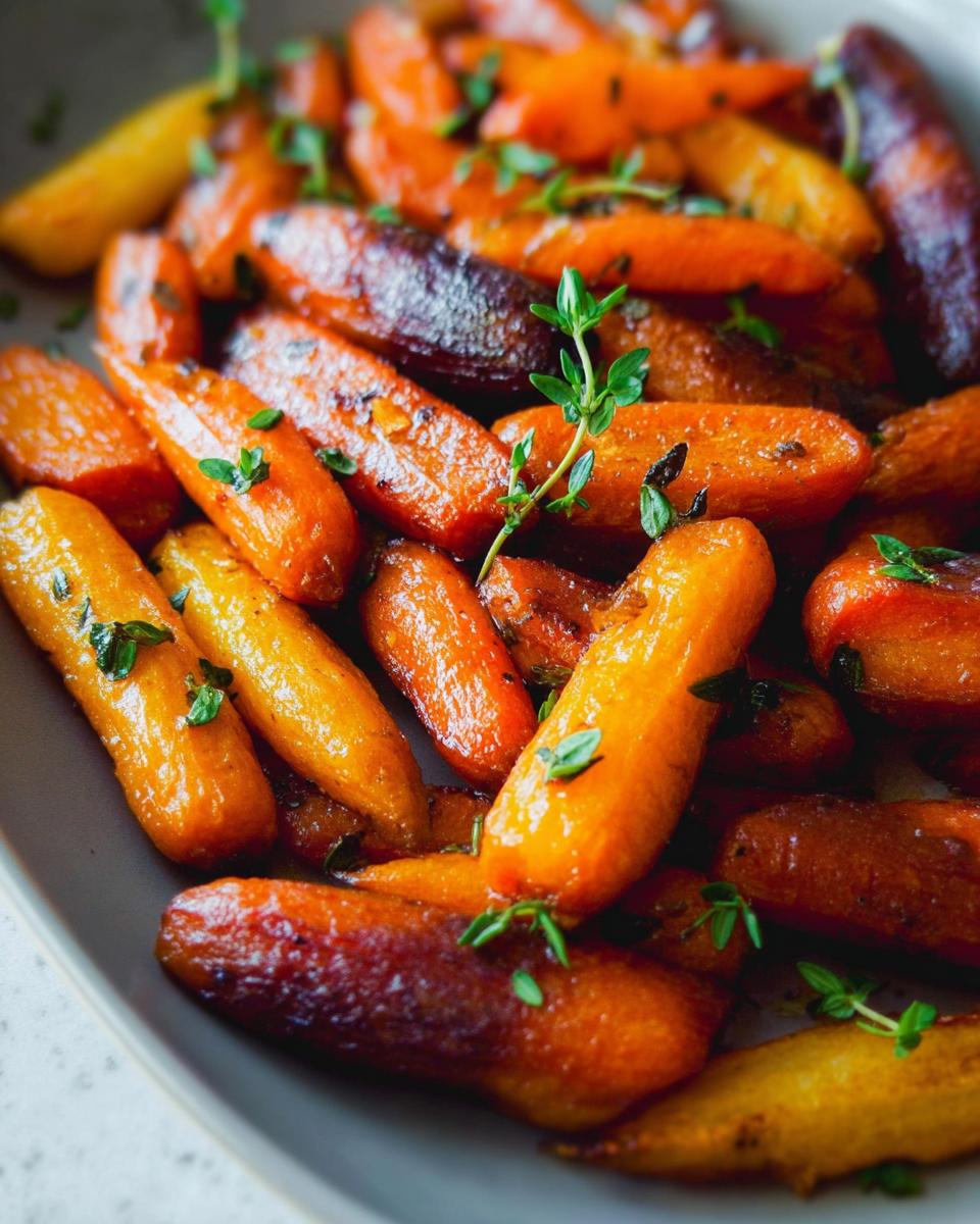 Close-up of roasted baby carrots, glazed and garnished with fresh thyme, perfect for veggie sides meal prep.