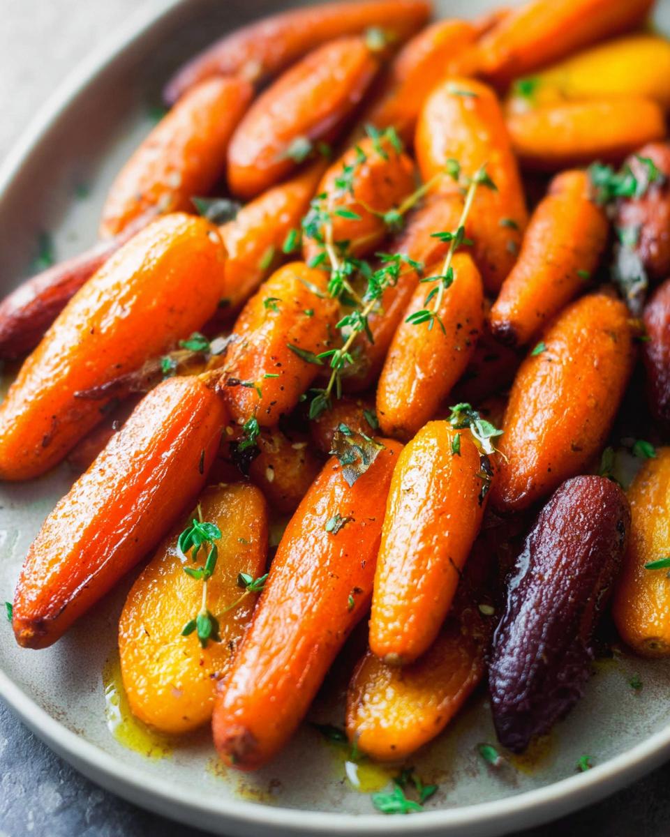 Close-up of roasted baby carrots in various colors, glistening with olive oil and sprinkled with fresh thyme, as a perfect veggie sides meal prep option.