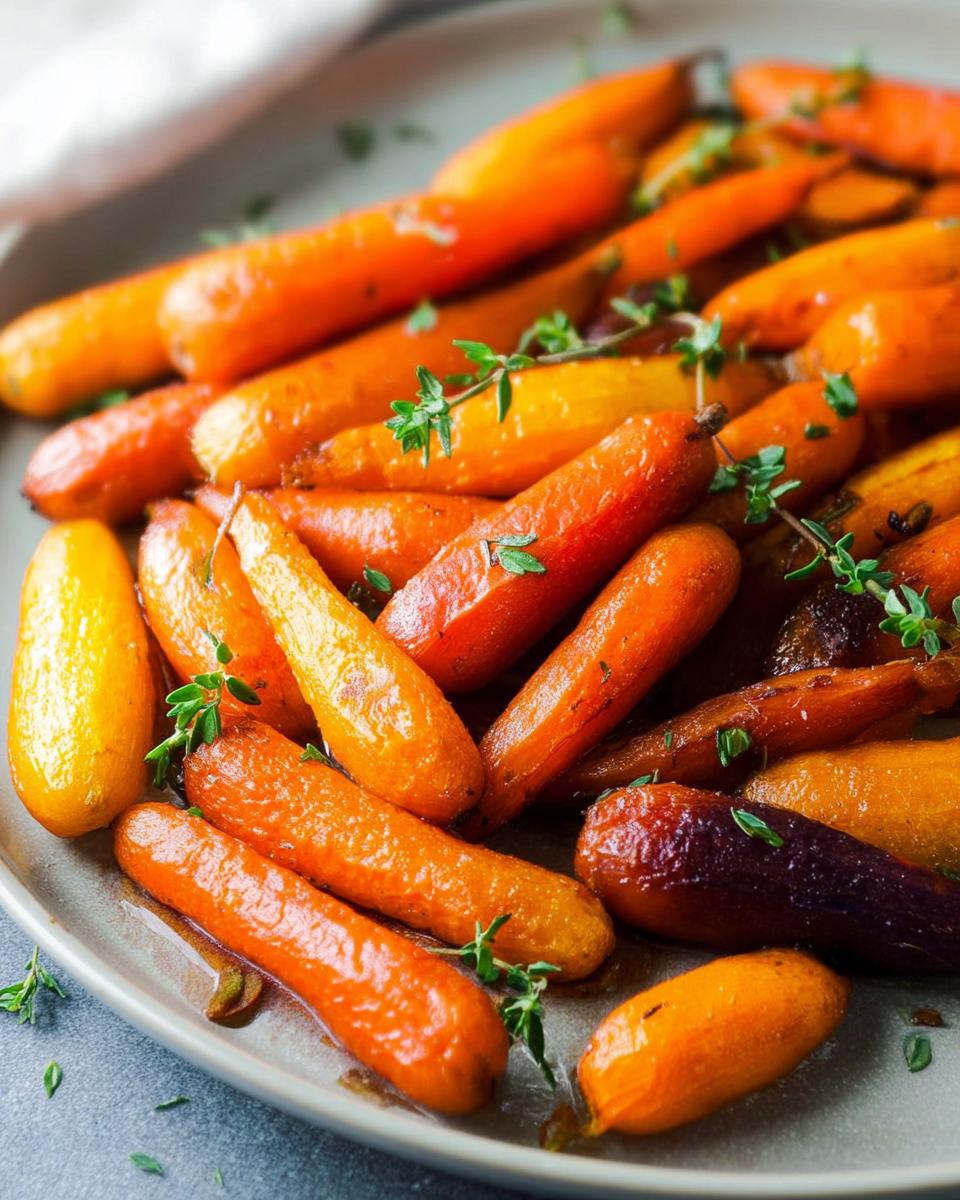 Close-up of glazed roasted carrots with fresh thyme, a perfect example of veggie sides meal prep.