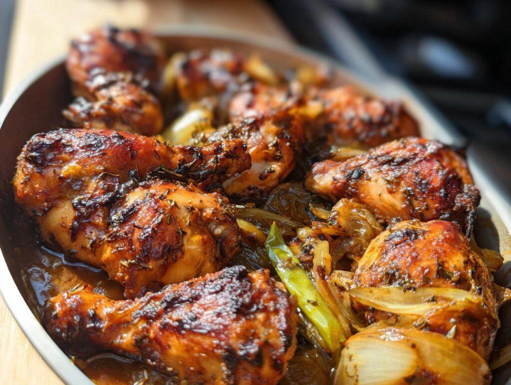 Close-up of roasted chicken drumsticks with crispy skin, herbs, and onions in a baking dish.