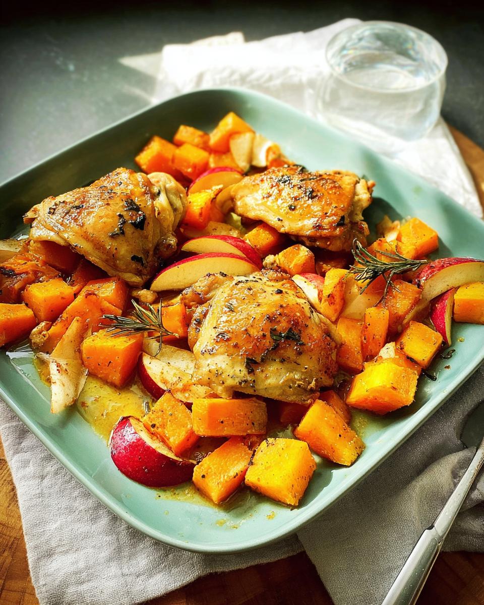A colorful dish of roasted chicken thighs with butternut squash and apple slices, seasoned with herbs.