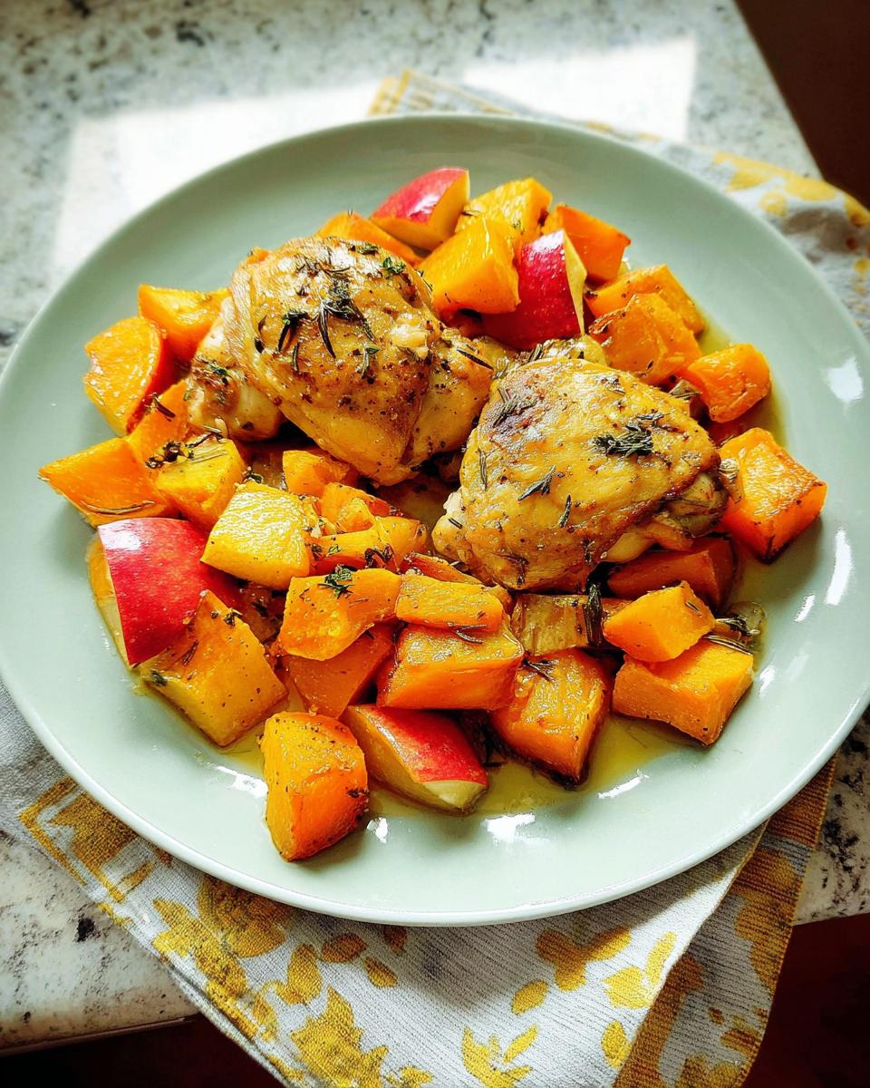 A plate of roasted chicken thighs served with cubed butternut squash and apple wedges, seasoned with herbs.