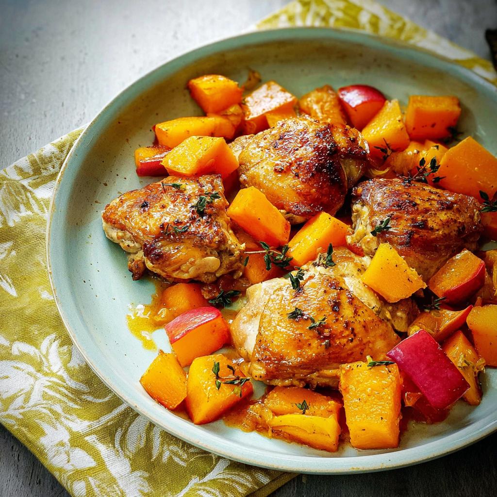 A plate of roasted chicken thighs with cubes of butternut squash and red apple, garnished with thyme.