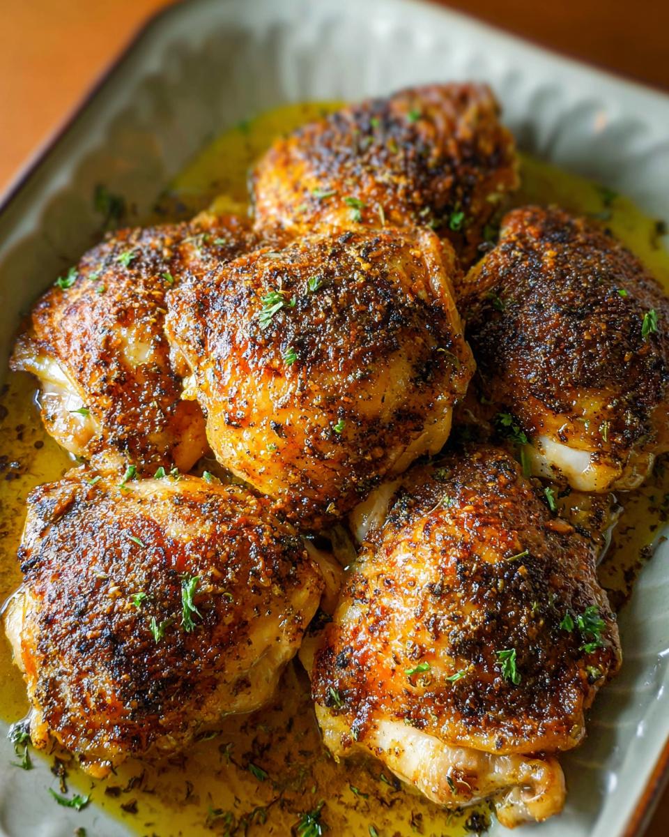 Close-up of perfectly roasted chicken thighs with crispy skin and herbs, ready for a delicious chicken thigh recipe.