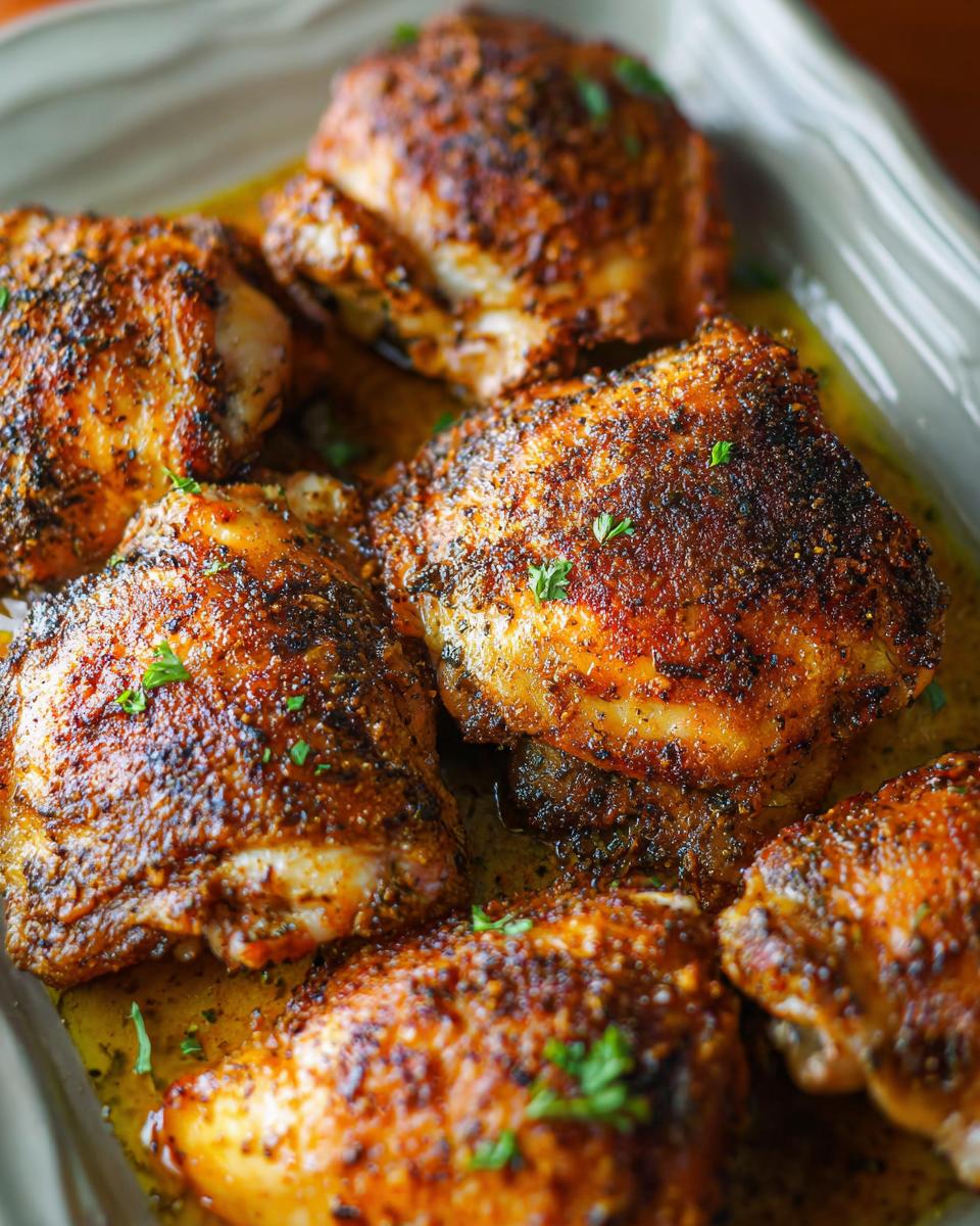 Close-up of perfectly roasted chicken thighs with crispy skin, seasoned and garnished with parsley.