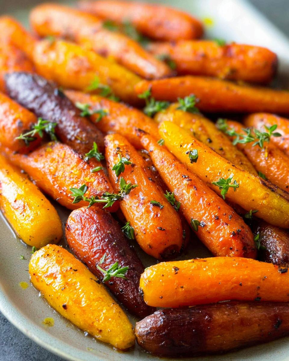 Close-up of roasted rainbow carrots, glazed and garnished with fresh thyme, perfect for veggie sides meal prep.