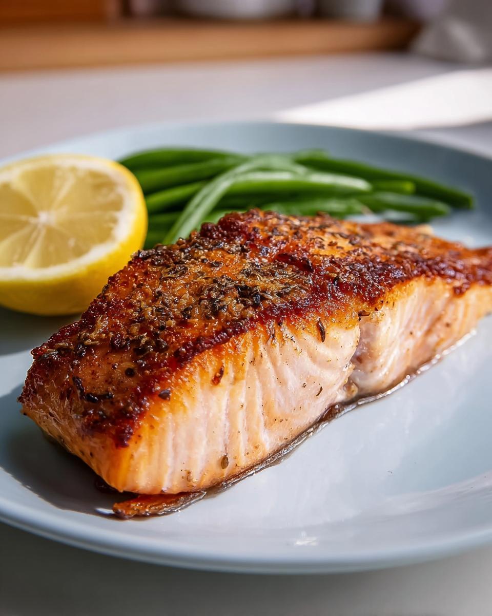 A close-up of a perfectly cooked salmon fillet, seasoned with herbs, served with green beans and a lemon wedge.