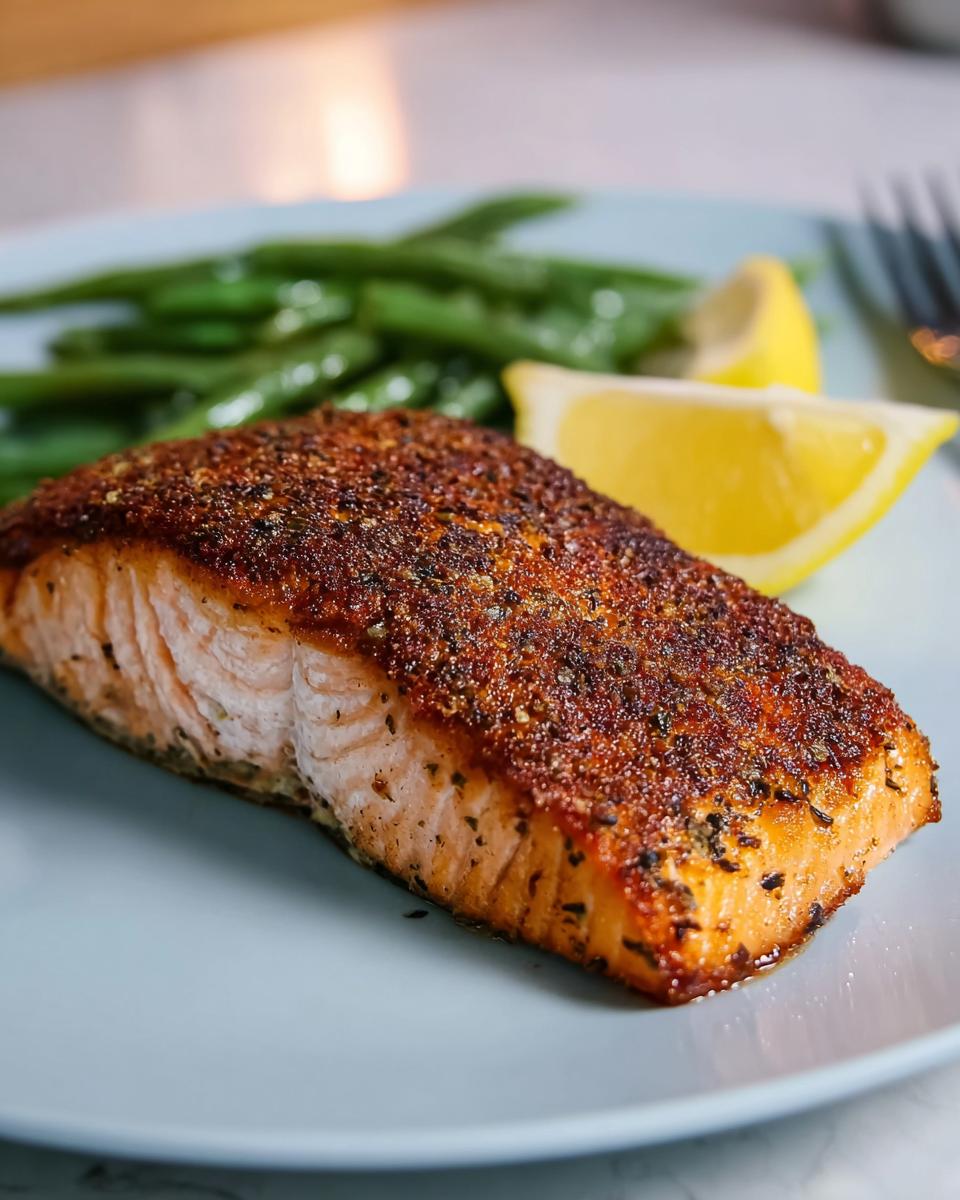 A delicious, perfectly cooked salmon fillet seasoned with herbs and spices, served with steamed green beans and a lemon wedge.