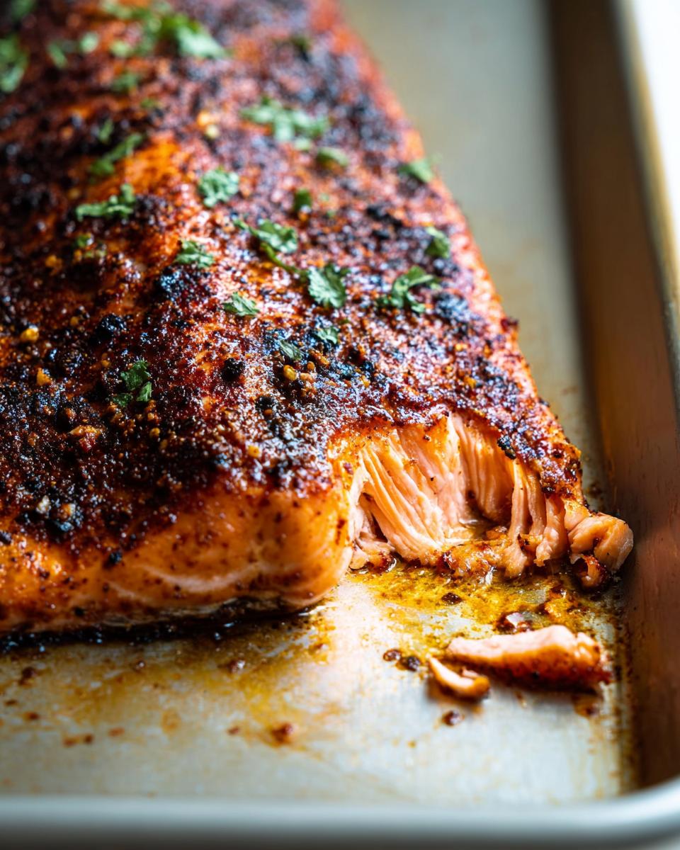 Close-up of a perfectly cooked salmon fillet with a seasoned crust, ready for salmon recipes.