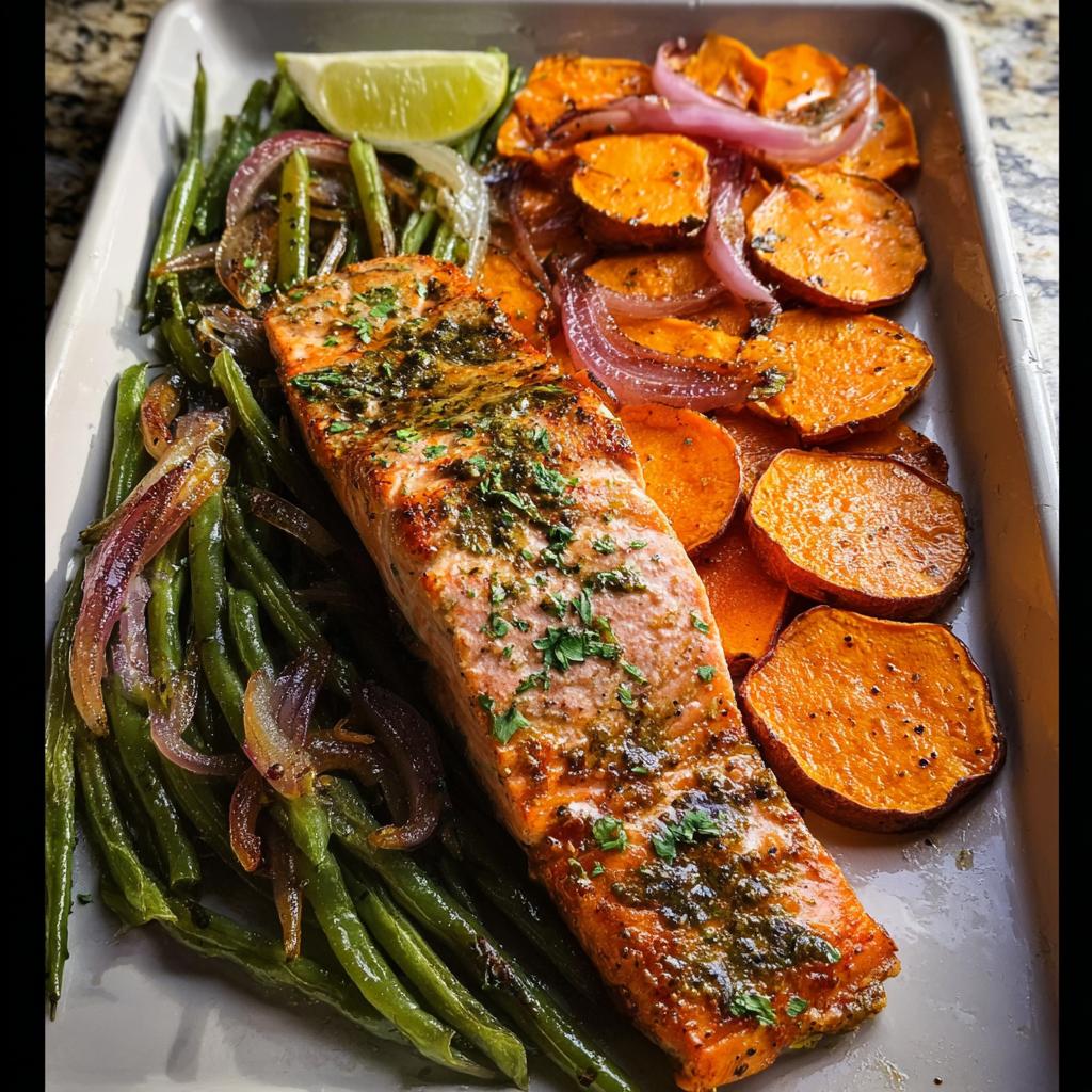 A perfectly cooked salmon fillet with roasted sweet potatoes, green beans, and red onion, seasoned and garnished with herbs. Part of delicious salmon recipes meal prep.