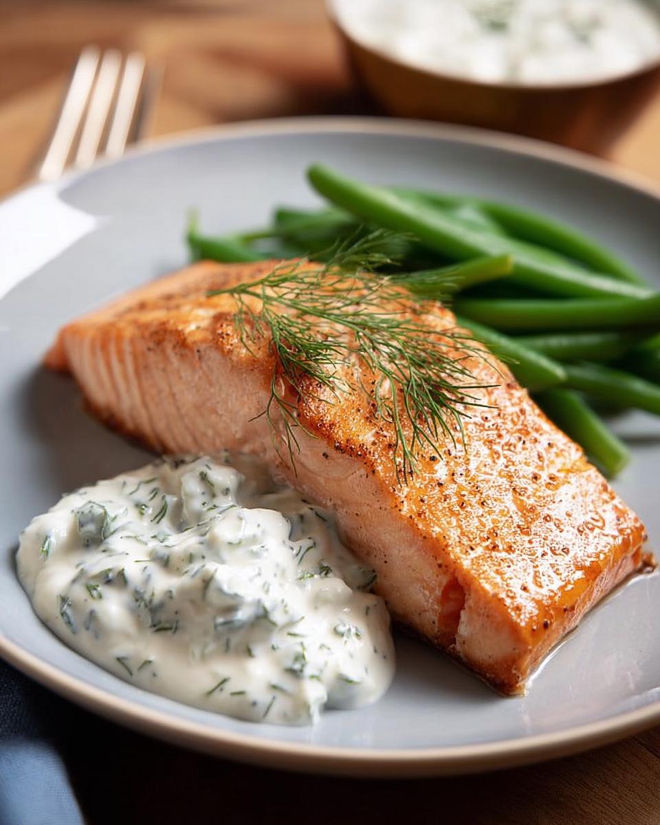 A perfectly cooked salmon fillet served with green beans and a creamy dill sauce, a delicious salmon recipe.