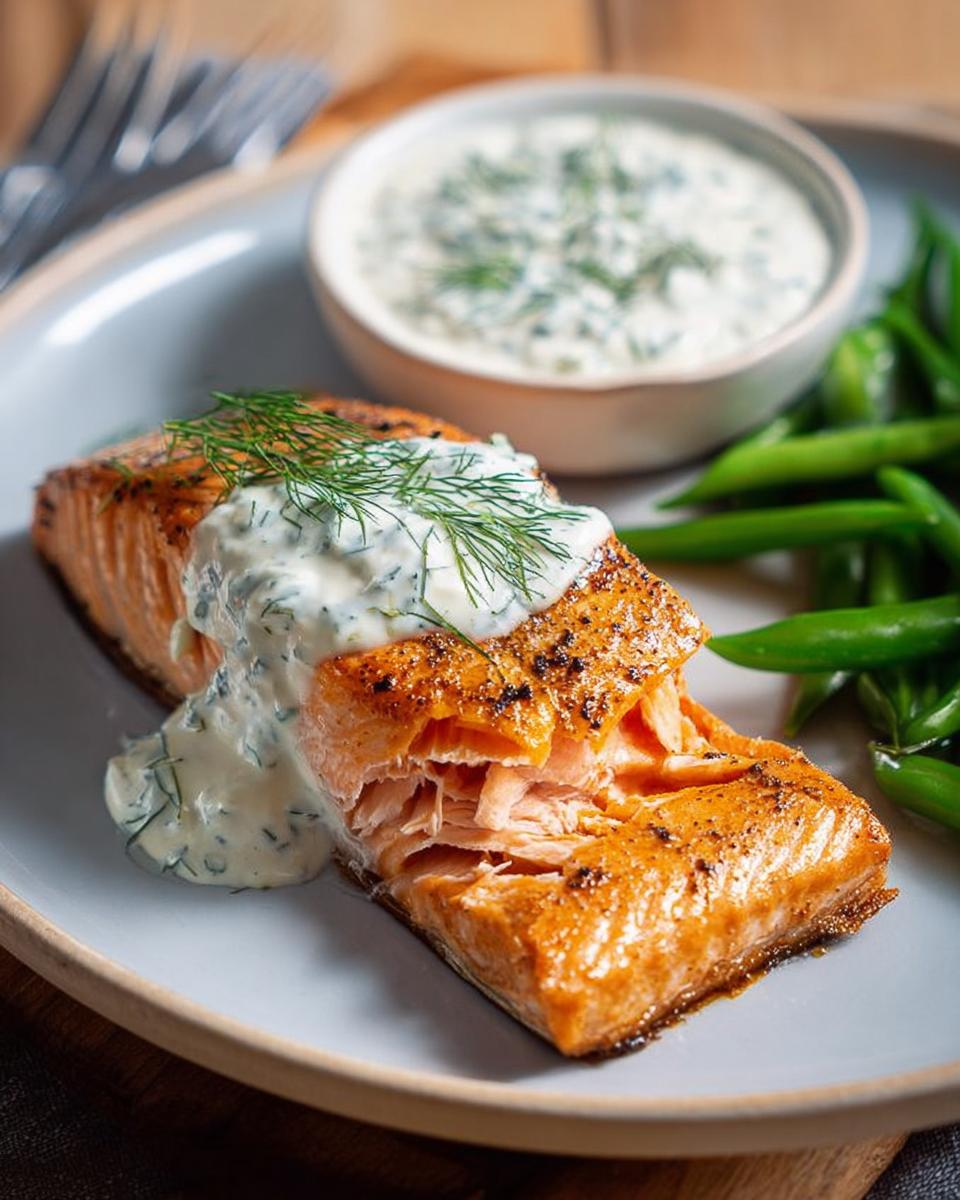 A perfectly cooked salmon fillet topped with creamy dill sauce and fresh dill, served with green beans.