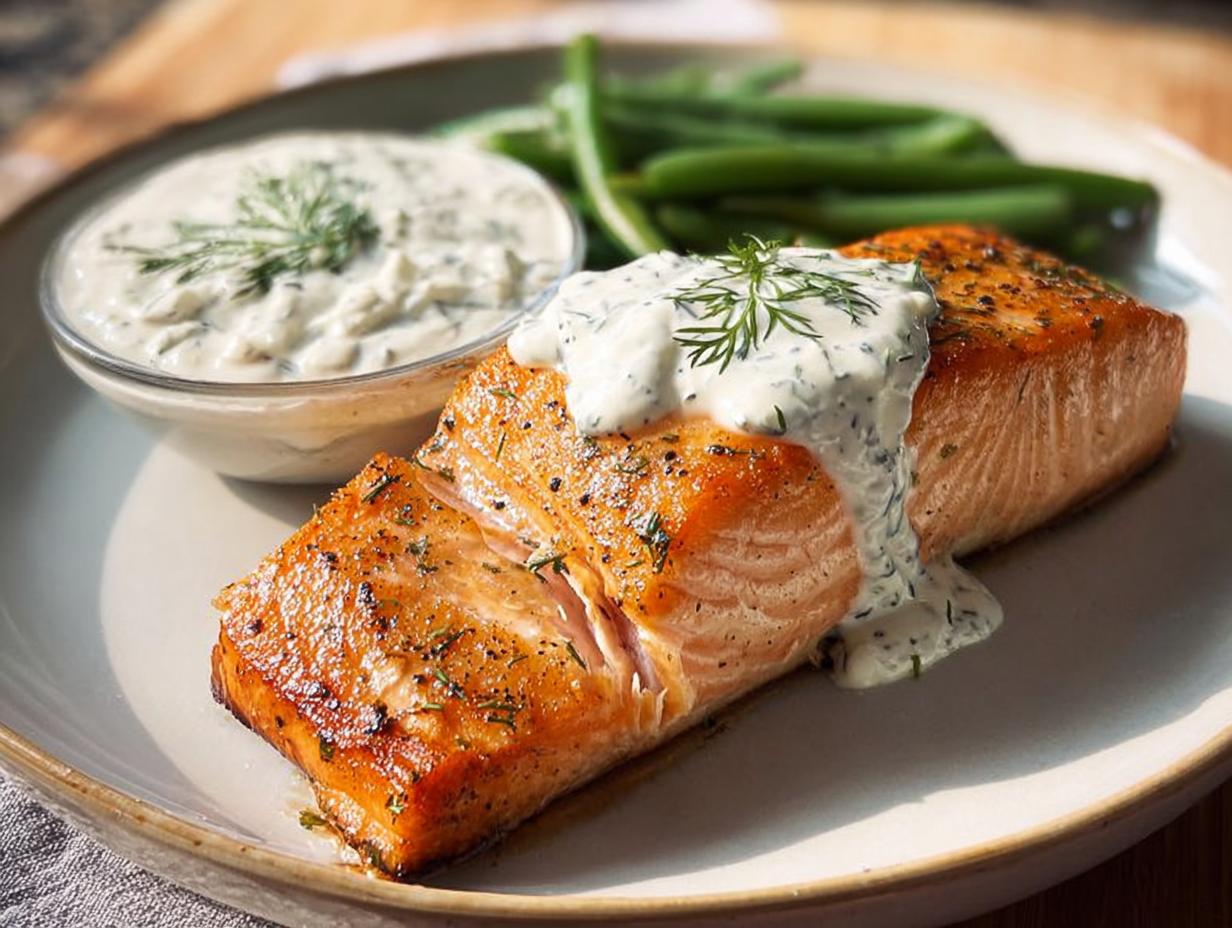A perfectly cooked salmon fillet topped with creamy dill sauce and a side of green beans.