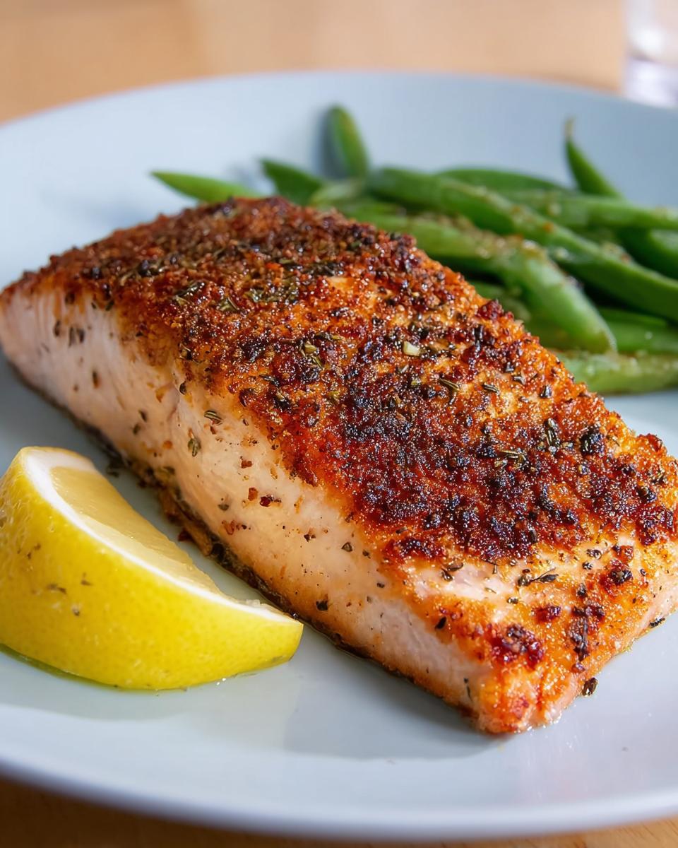 A close-up of a seasoned salmon fillet served with green beans and a lemon wedge, showcasing one of the best salmon recipes.
