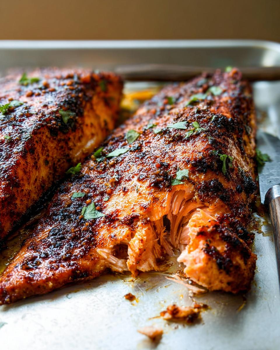 Close-up of two perfectly cooked salmon fillets with a crispy, seasoned crust, ready to be served as part of delicious salmon recipes.