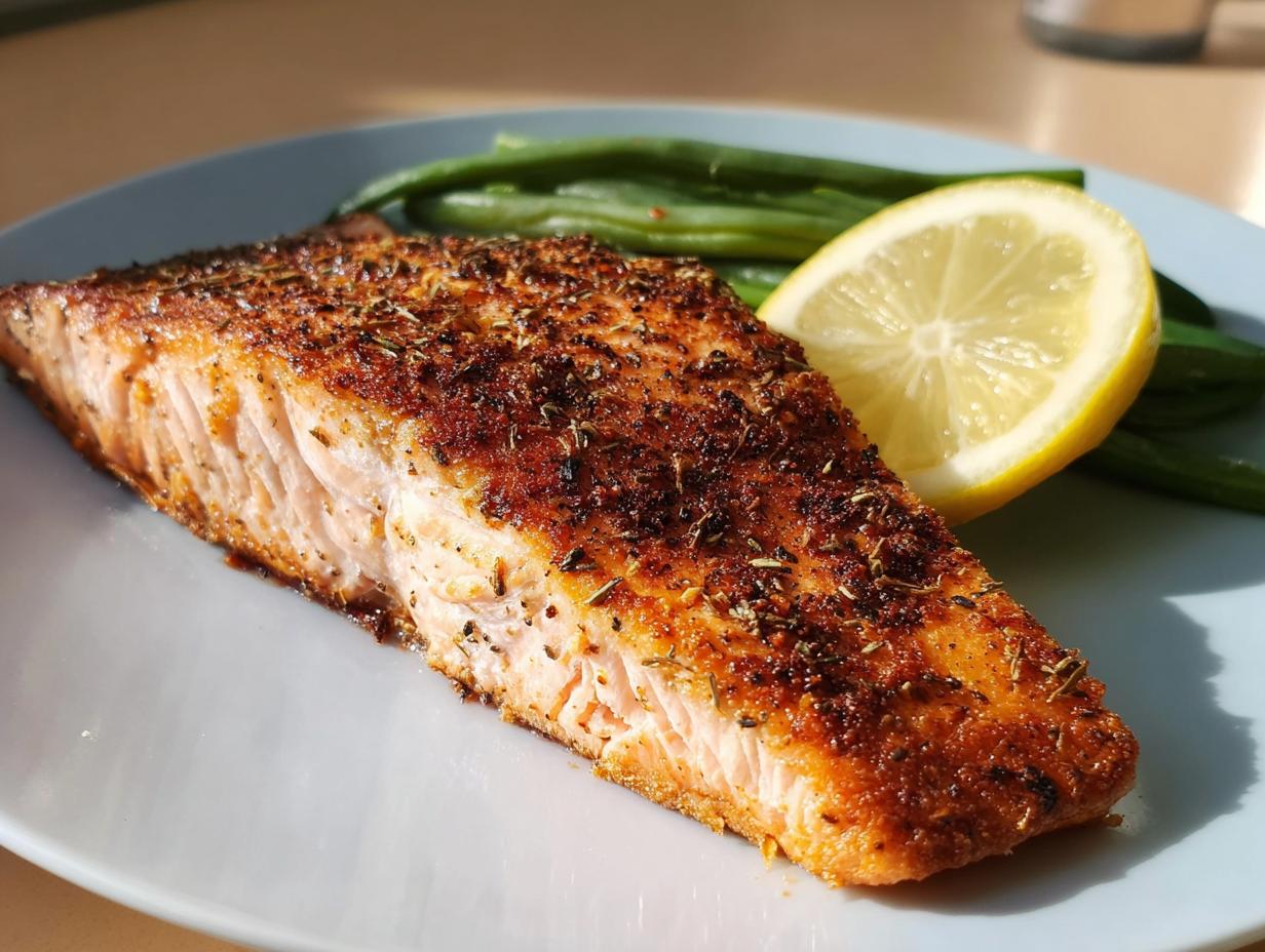 A perfectly cooked salmon fillet seasoned with herbs, served with steamed green beans and a lemon slice. This is one of the best salmon recipes.