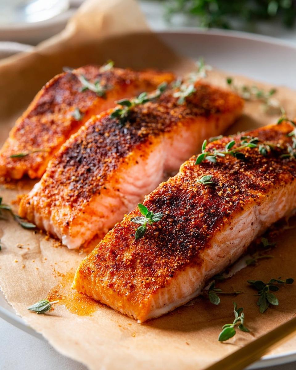 Three perfectly cooked salmon fillets with a spiced crust, garnished with fresh thyme, showcasing delicious salmon recipes.