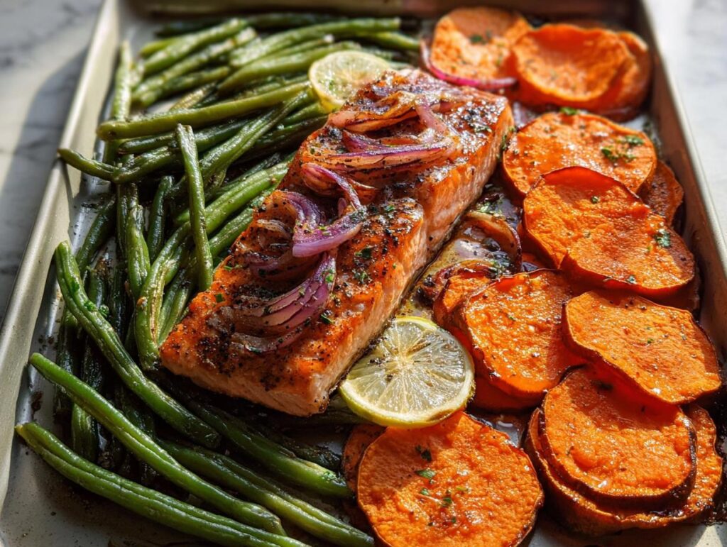 A perfectly cooked salmon fillet with roasted sweet potato slices and green beans on a baking sheet, ideal for salmon recipes meal prep.