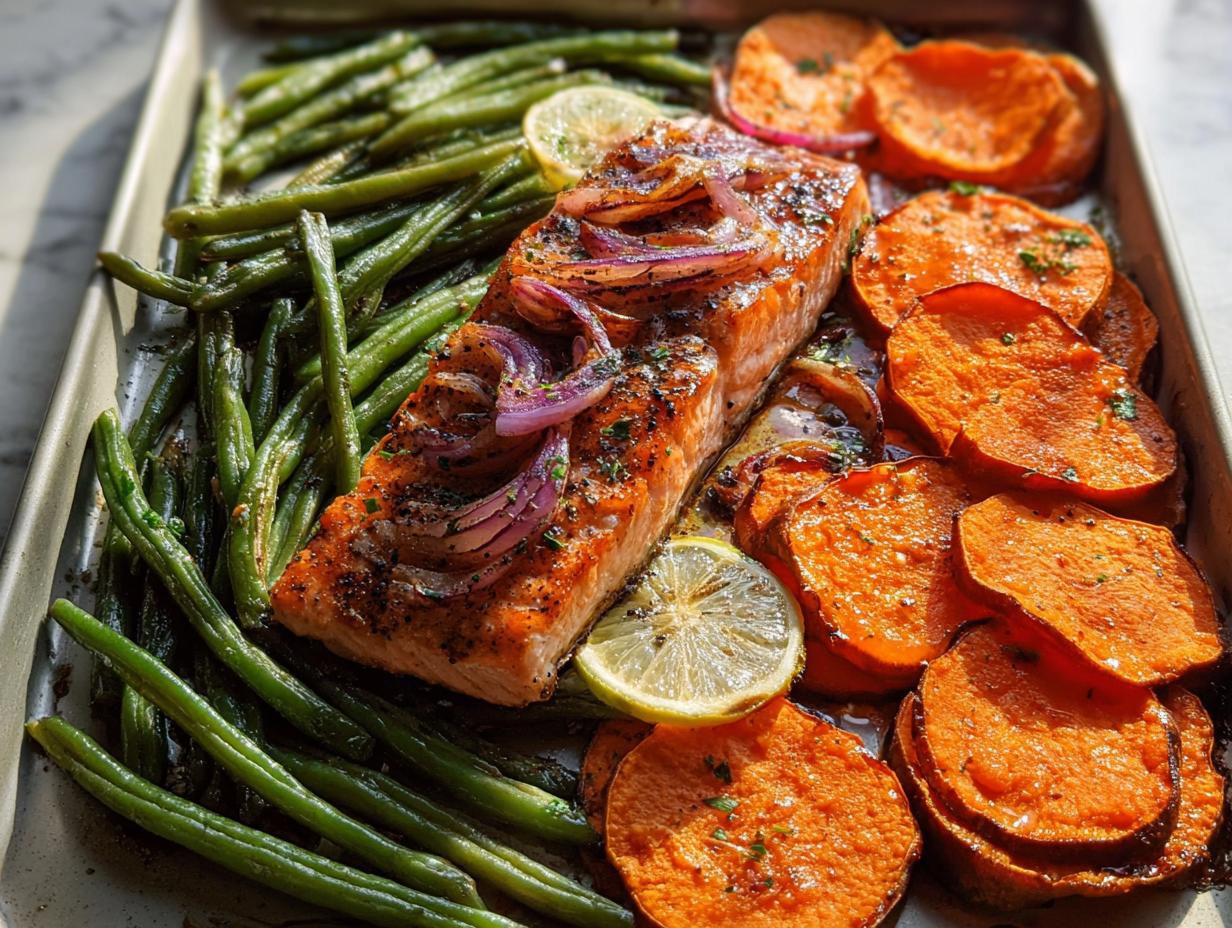 A perfectly cooked salmon fillet with roasted sweet potato slices and green beans on a baking sheet, ideal for salmon recipes meal prep.