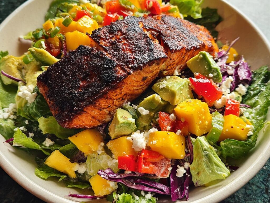 A vibrant salad topped with a perfectly cooked salmon fillet, featuring avocado, mango, bell peppers, and feta cheese.