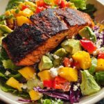 A vibrant salad topped with a perfectly cooked salmon fillet, featuring avocado, mango, bell peppers, and feta cheese.
