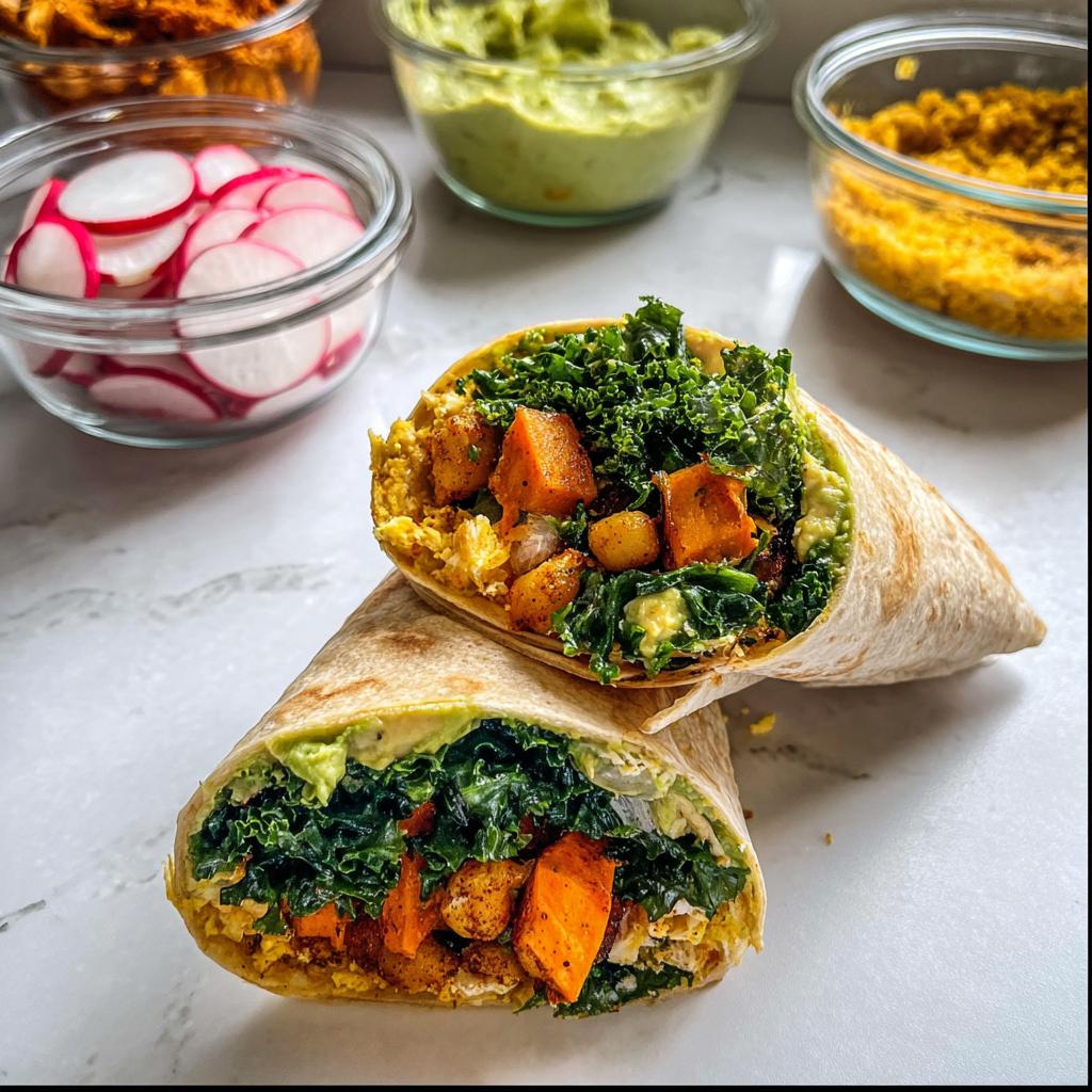 Two halves of a healthy breakfast burrito filled with scrambled eggs, sweet potatoes, kale, and avocado. Part of sandwich ideas recipes meal prep.