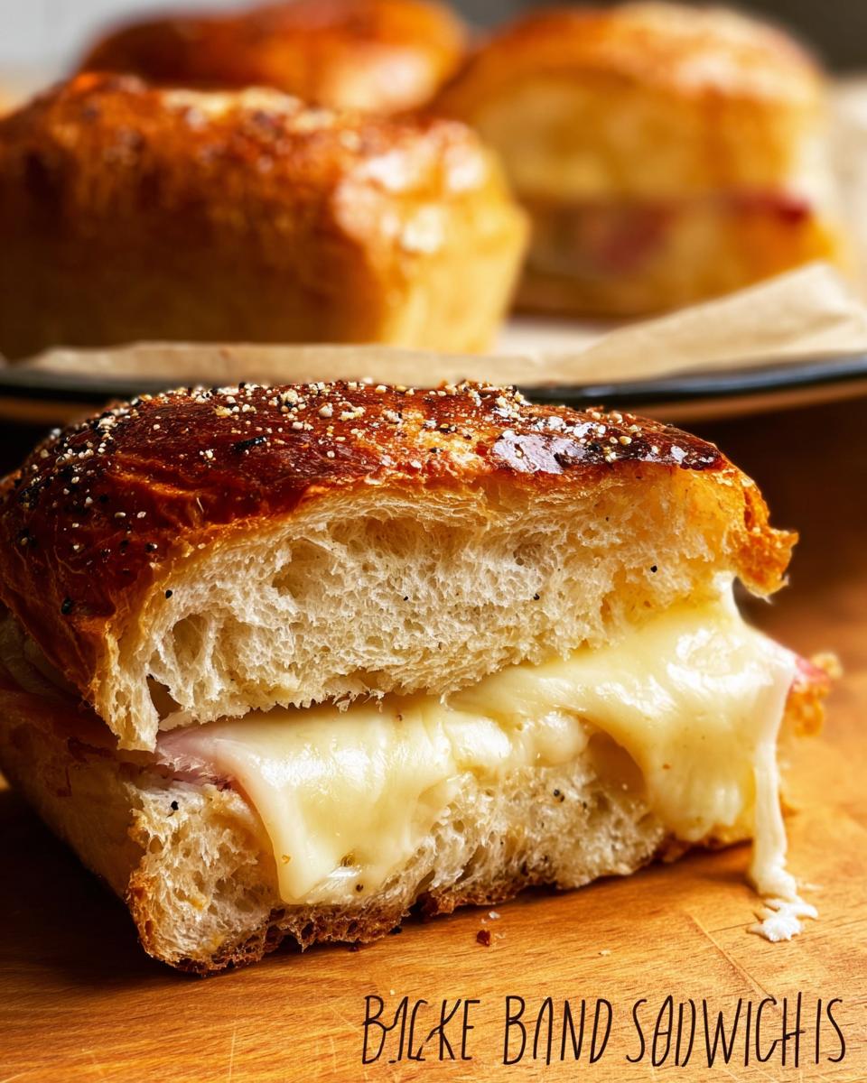 Close-up of a delicious sandwich recipe with melted cheese and ham on a toasted bun.