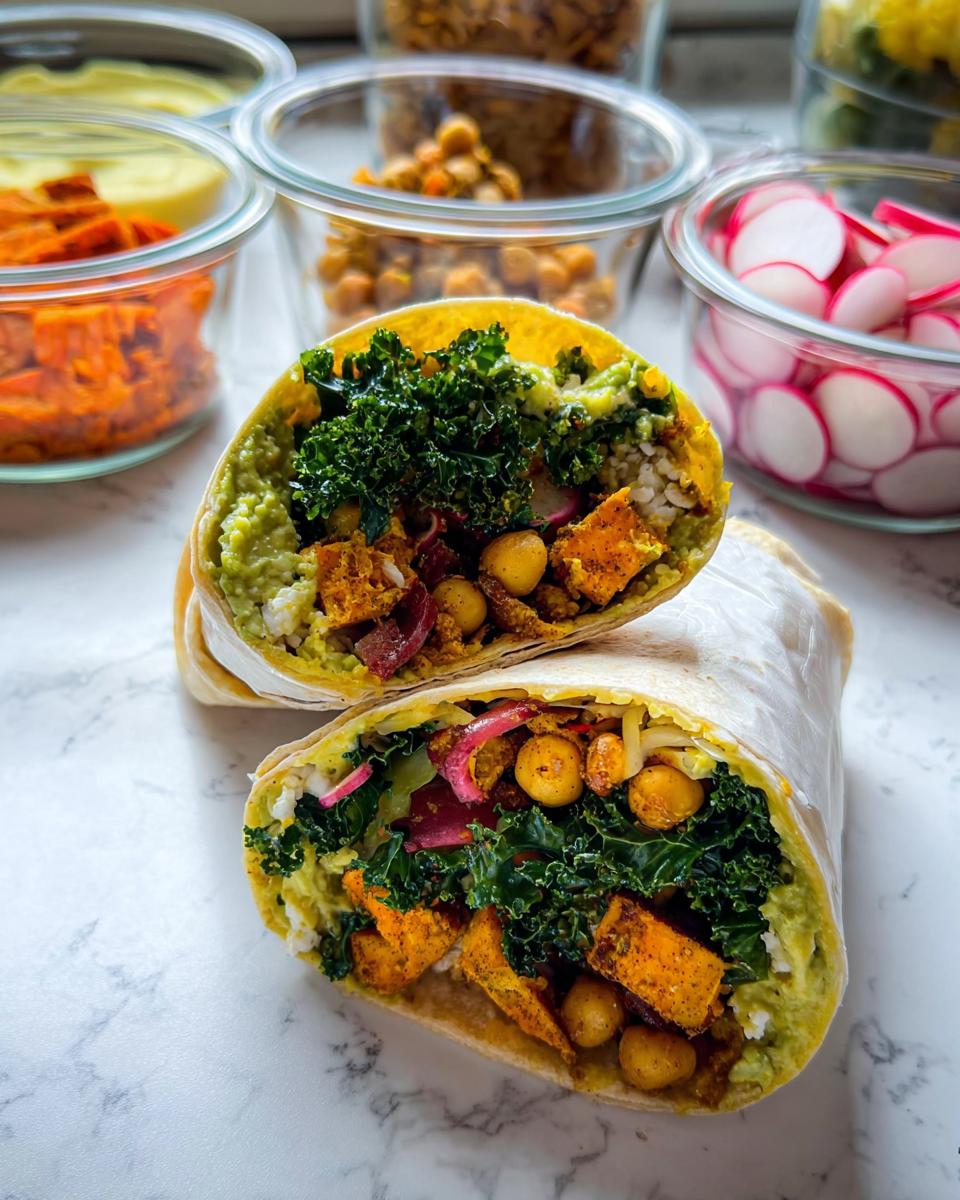 Close-up of a healthy sandwich wrap cut in half, filled with sweet potato, kale, chickpeas, and avocado.