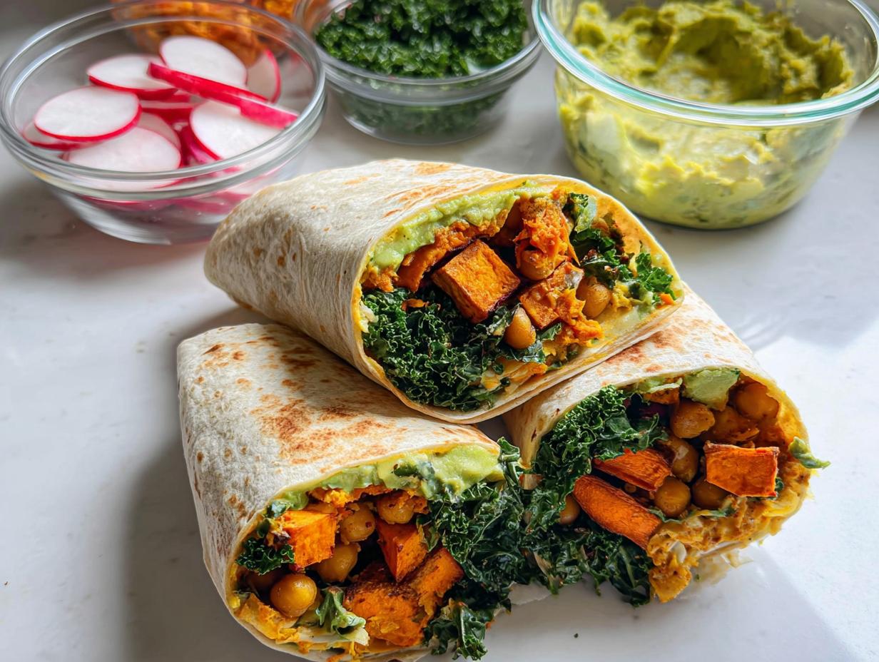 Two halves of a whole wheat wrap filled with roasted sweet potato, chickpeas, kale, and avocado.