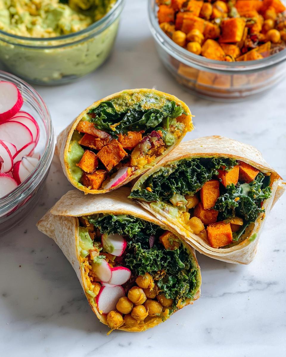 Two halves of a loaded wrap showcasing sandwich ideas recipes meal prep with sweet potatoes, kale, chickpeas, and avocado.