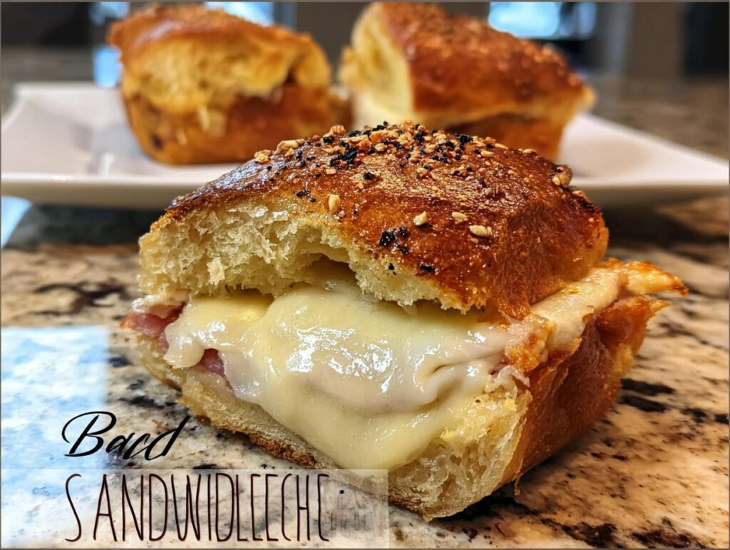 Close-up of a gourmet sandwich with melted cheese and ham on a toasted bun, part of sandwich ideas recipes.