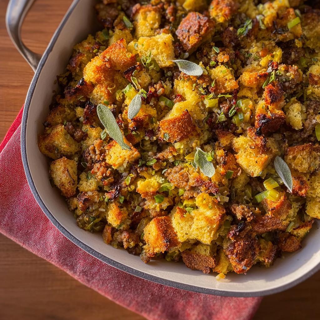 Close-up of a savory sausage and herb stuffing in a baking dish, perfect for weeknight meals.