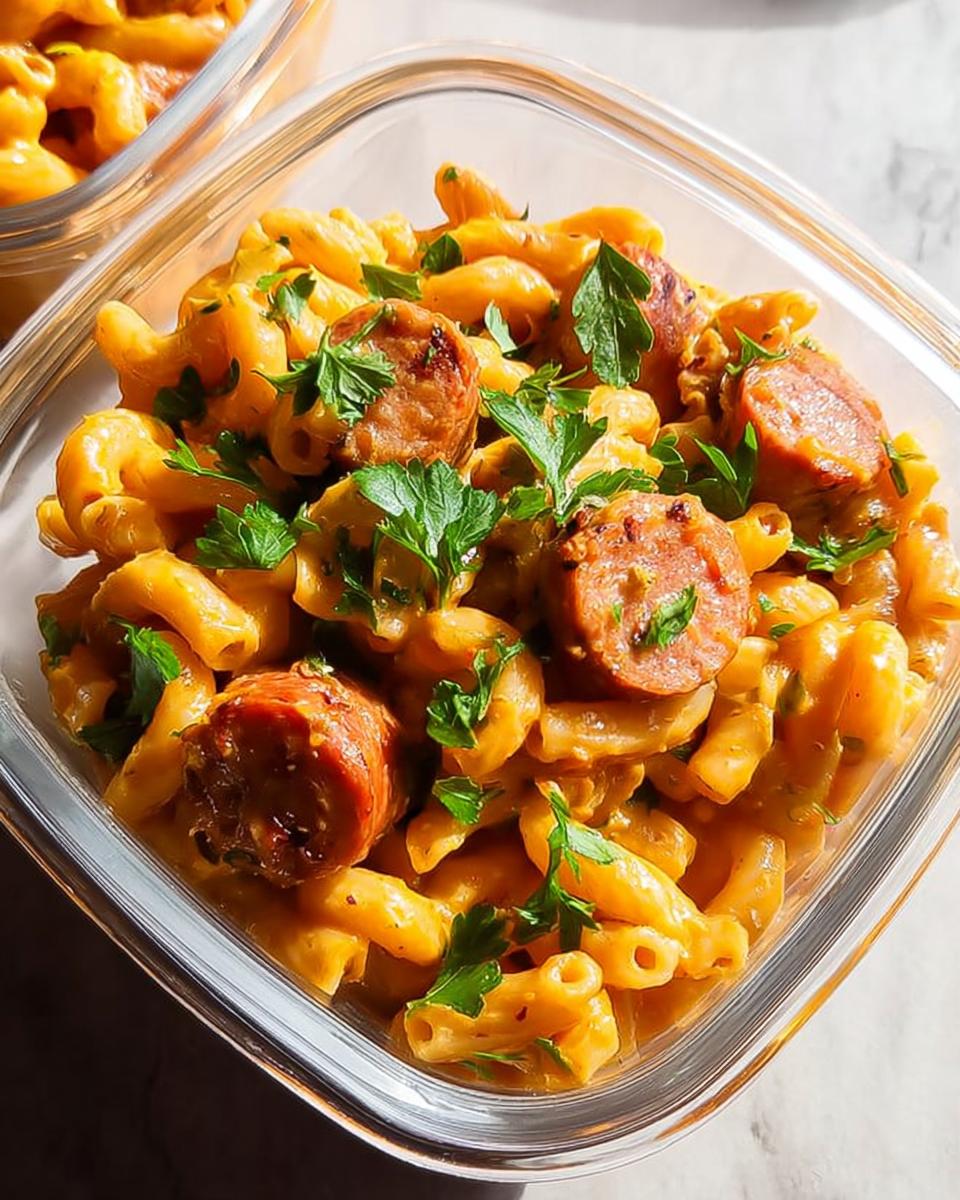 Close-up of a glass meal prep container filled with creamy sausage pasta and garnished with fresh parsley.