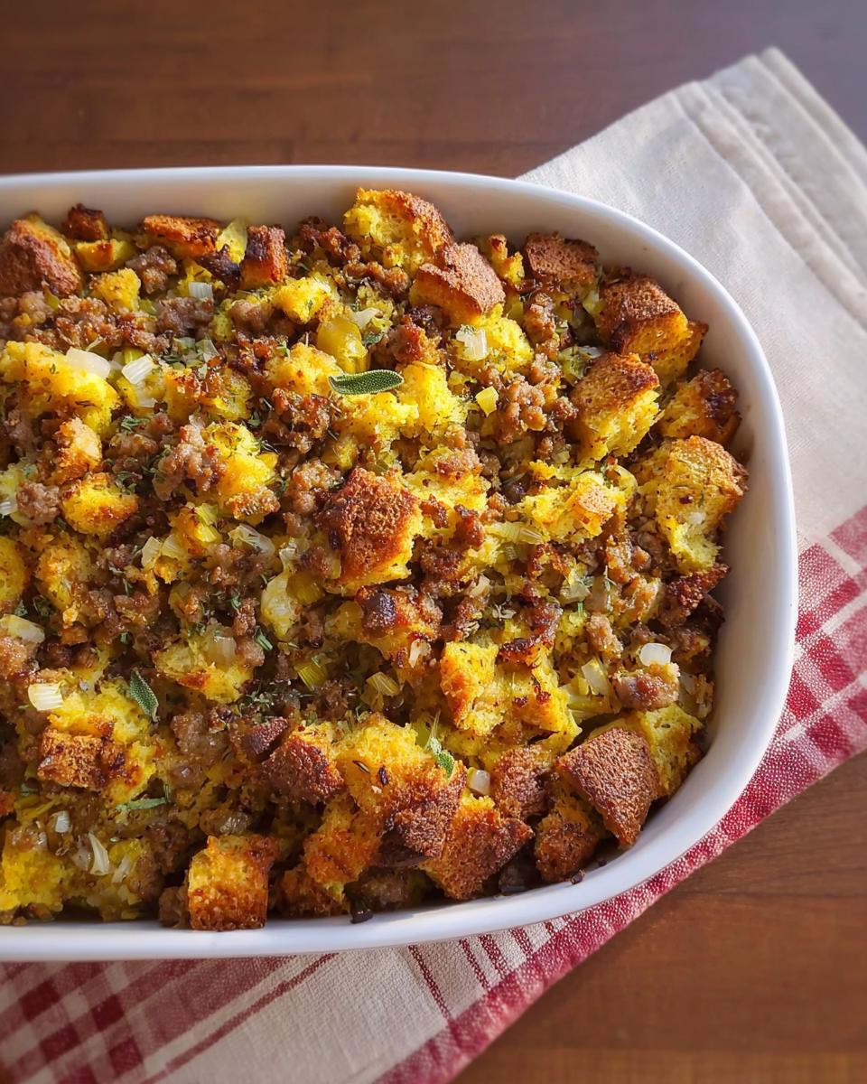 A close-up of a white baking dish filled with savory sausage stuffing, featuring cornbread cubes, crumbled sausage, and herbs.
