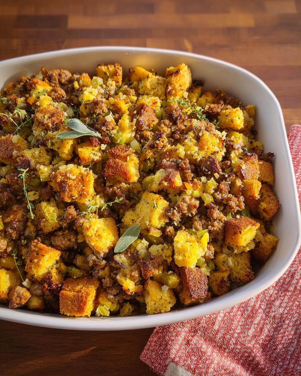 A close-up of a white baking dish filled with delicious sausage stuffing, featuring cornbread cubes, sausage crumbles, and herbs.
