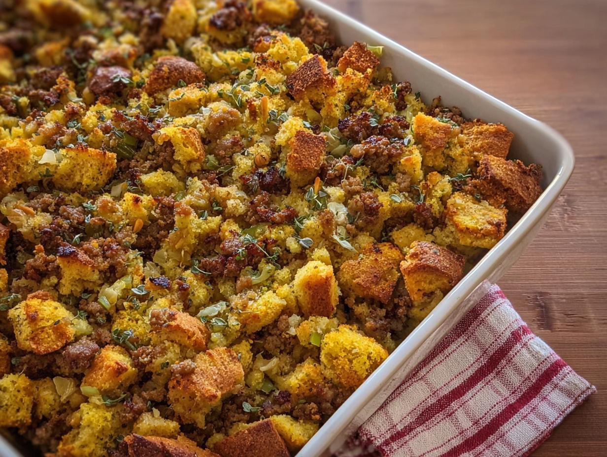 A close-up view of a baked sausage stuffing in a white dish, featuring cornbread cubes and herbs.