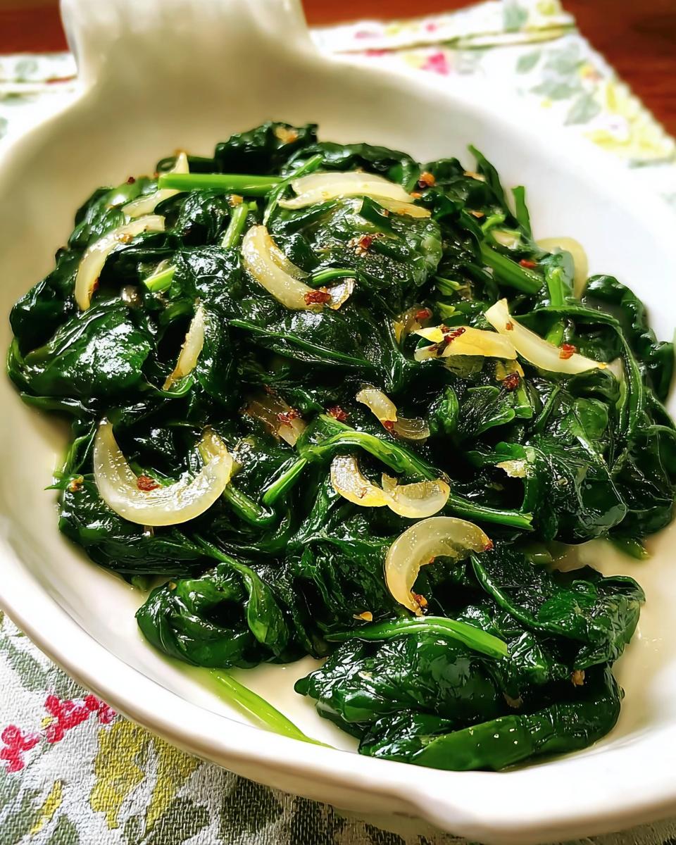 A close-up of sautéed spinach with thinly sliced onions, a simple and delicious side dish from the 20-Ingredient Veggie Sides Recipes.