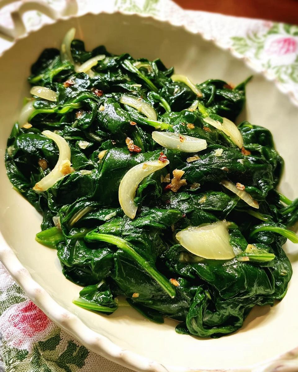 A close-up of sautéed spinach with slices of onion and hints of garlic, part of 20-Ingredient Veggie Sides Recipes.