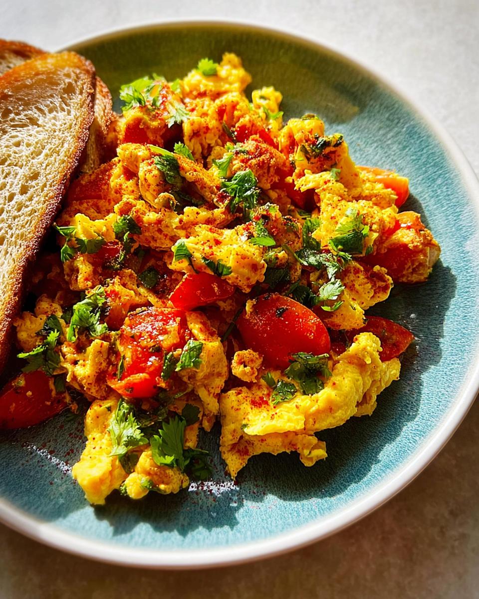 Scrambled egg recipes in 10 minutes with chopped tomatoes and fresh parsley, served with toast.