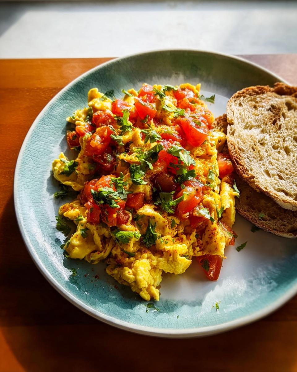 Scrambled egg recipes in 10 minutes, topped with diced tomatoes and fresh parsley, served with toast.