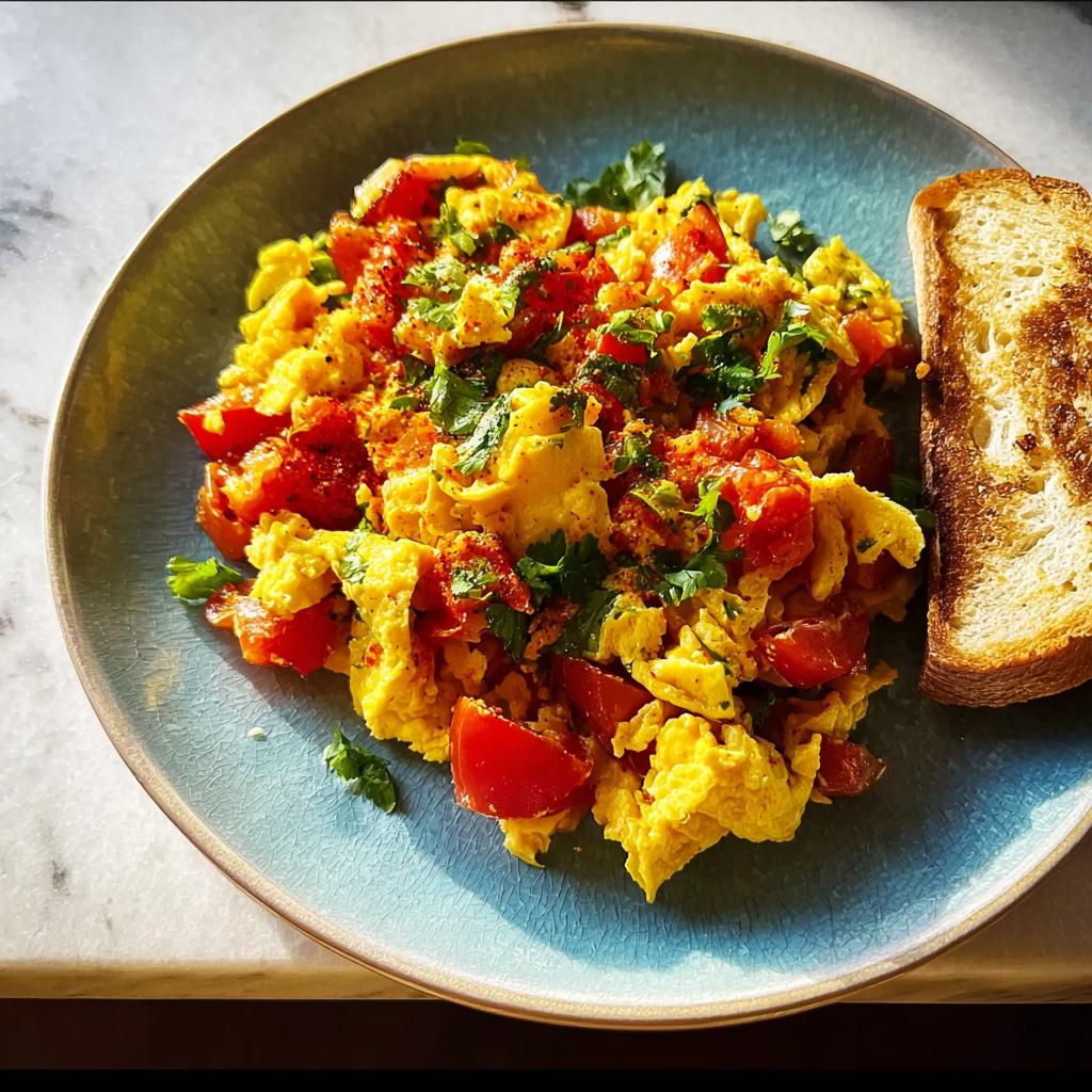 Scrambled egg recipes in 10 minutes featuring fluffy scrambled eggs with diced tomatoes and fresh parsley, served with toast.