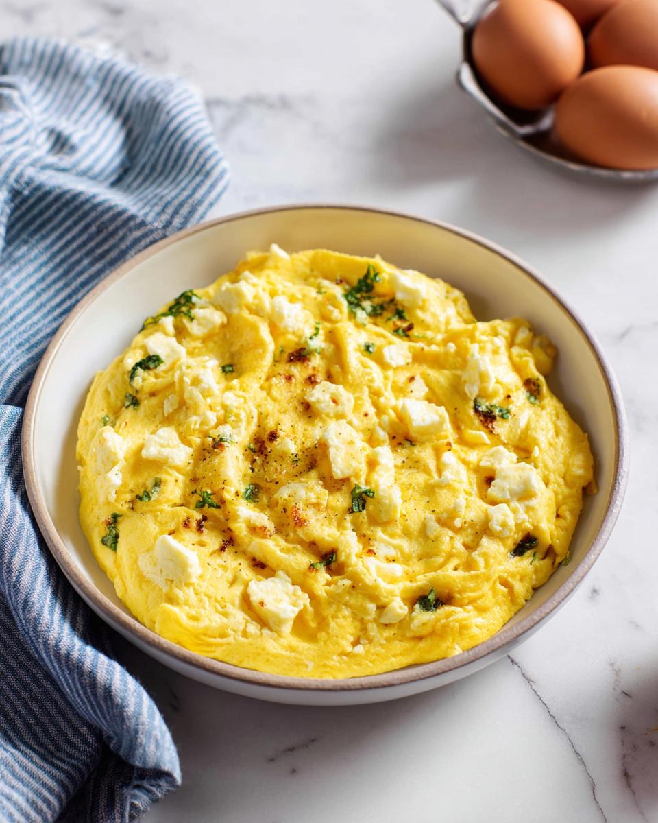 Fluffy scrambled eggs with crumbled feta cheese and fresh herbs, part of The Only Egg Recipes Recipe You’ll Need (2025).