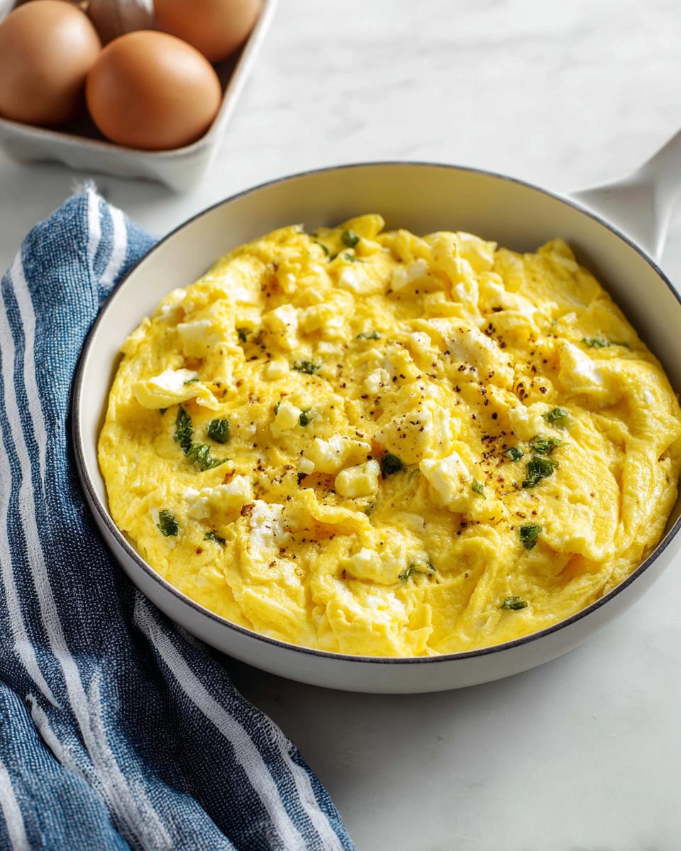 Close-up of fluffy scrambled eggs with crumbled feta cheese and chopped herbs in a white bowl, part of The Only Egg Recipes Recipe You’ll Need (2025).