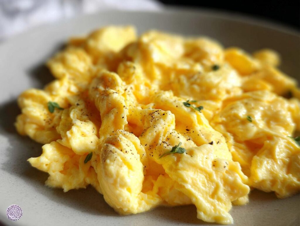 Close-up of fluffy scrambled eggs seasoned with black pepper and garnished with fresh herbs.