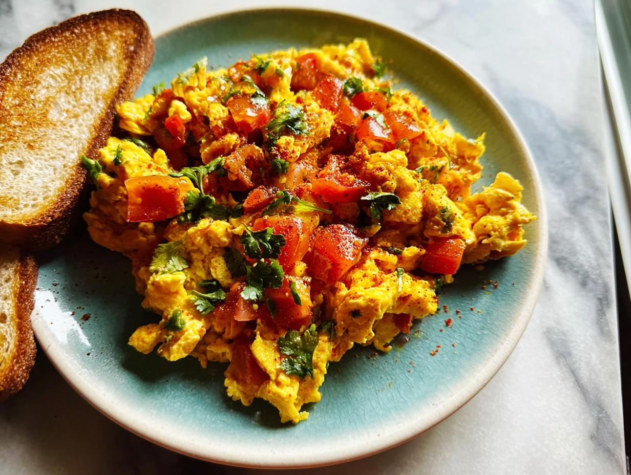 Scrambled eggs with diced tomatoes and fresh cilantro, served with toast. A quick and easy egg recipe.